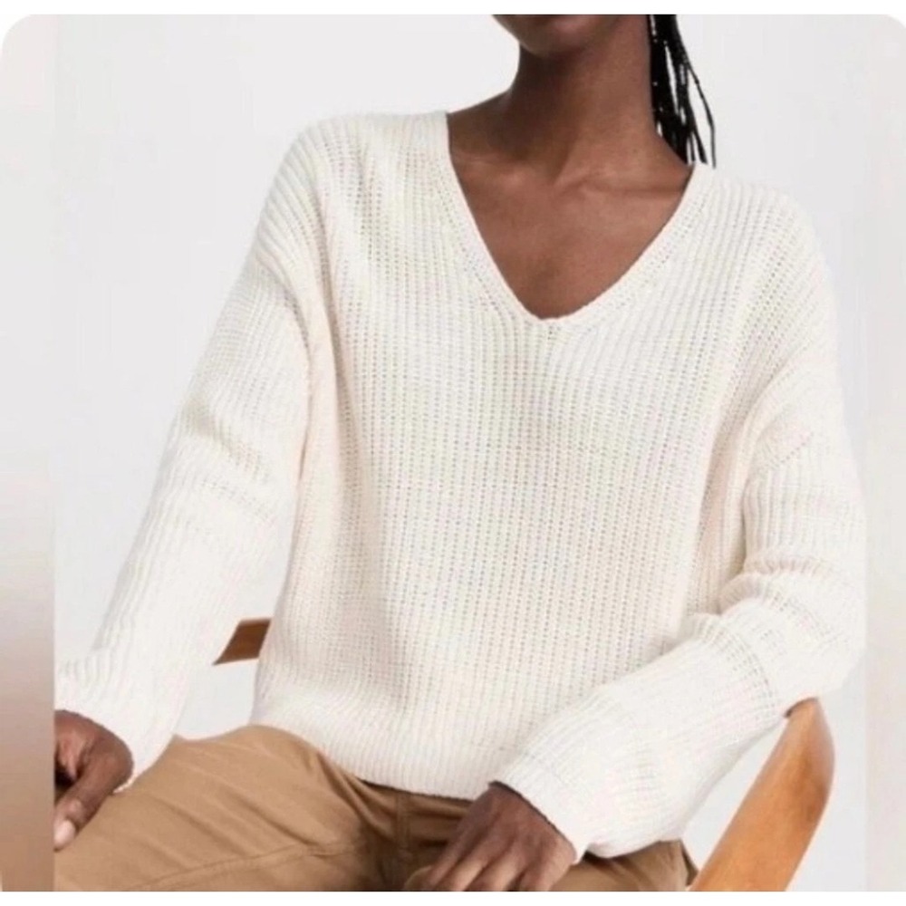 NWT Jenni Kayne Cotton Cabin Cropped Sweater Ivory V-Neck Chunky Knit Size XL